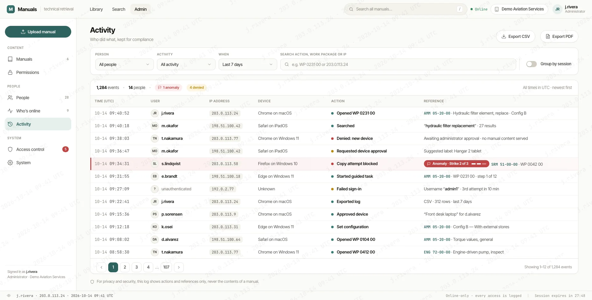 Activity log with filters and CSV and PDF export