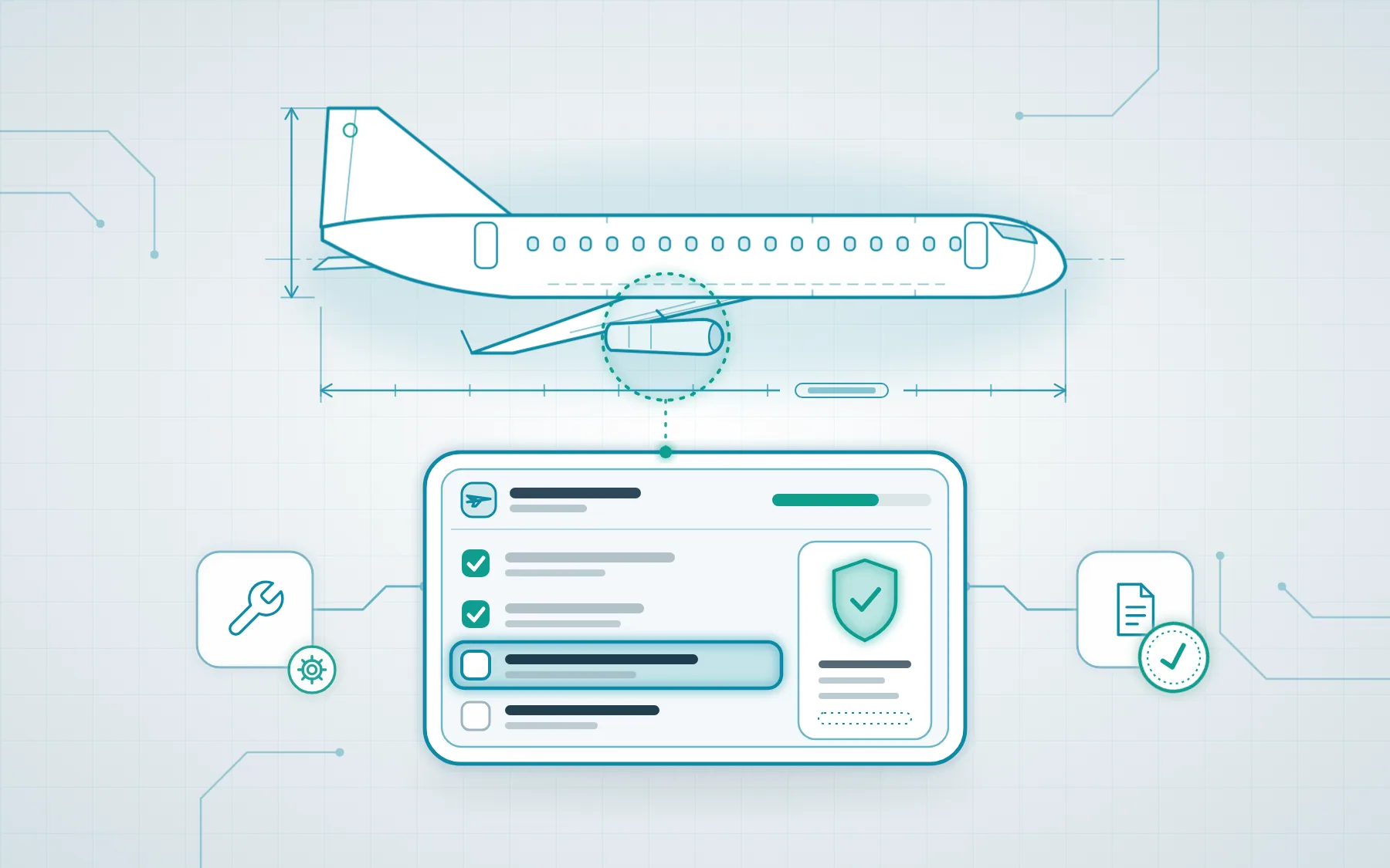 An aircraft blueprint beside a tablet showing a maintenance checklist with a traceability badge