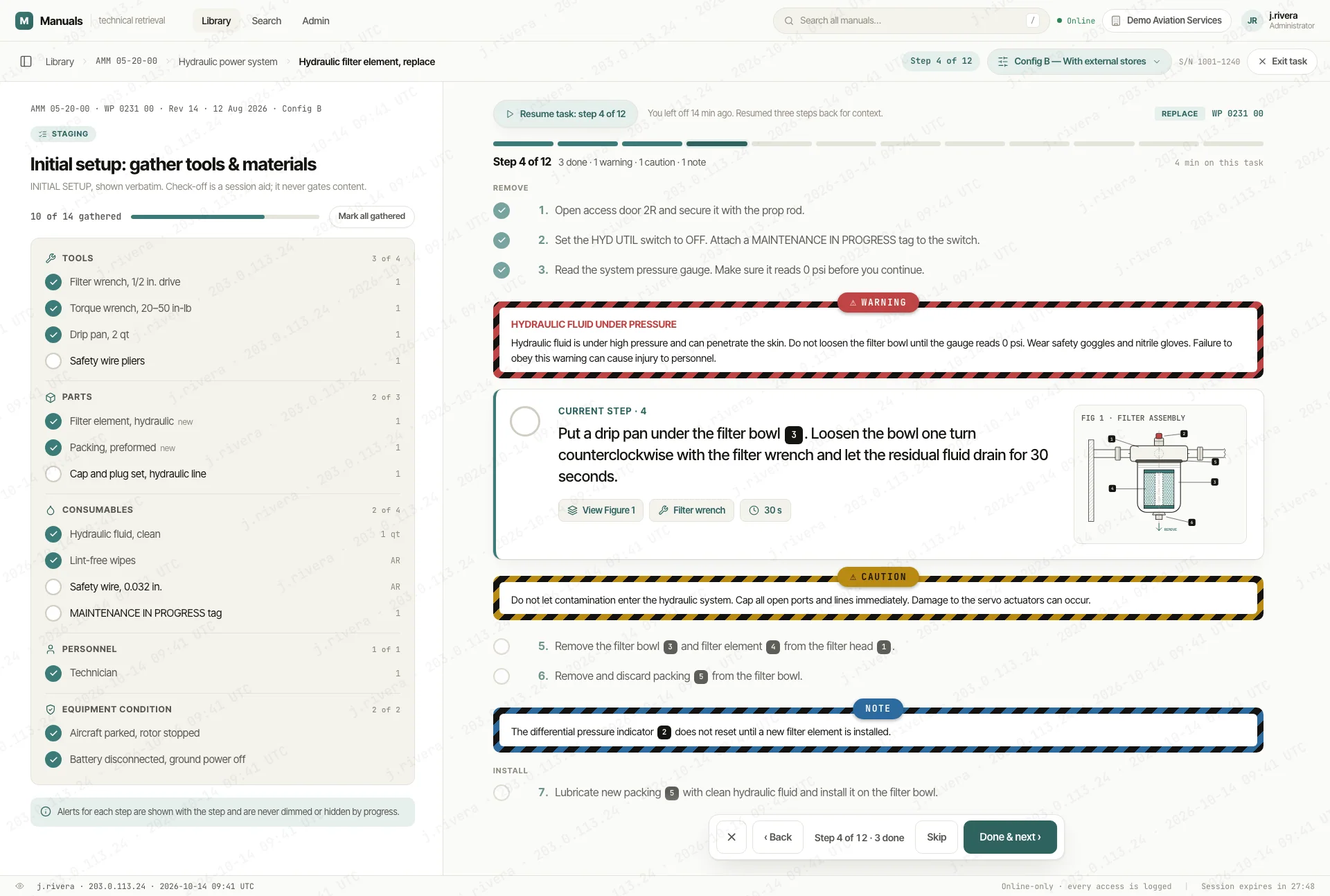 Guided task with an initial setup checklist and step-by-step focus view