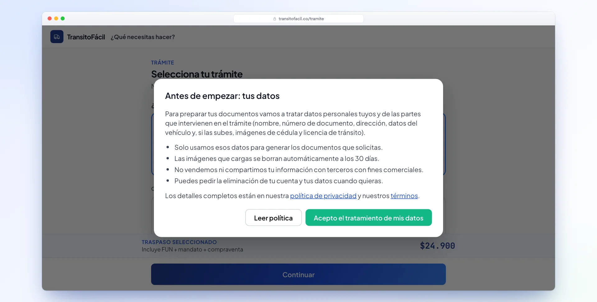 Data processing consent shown before starting