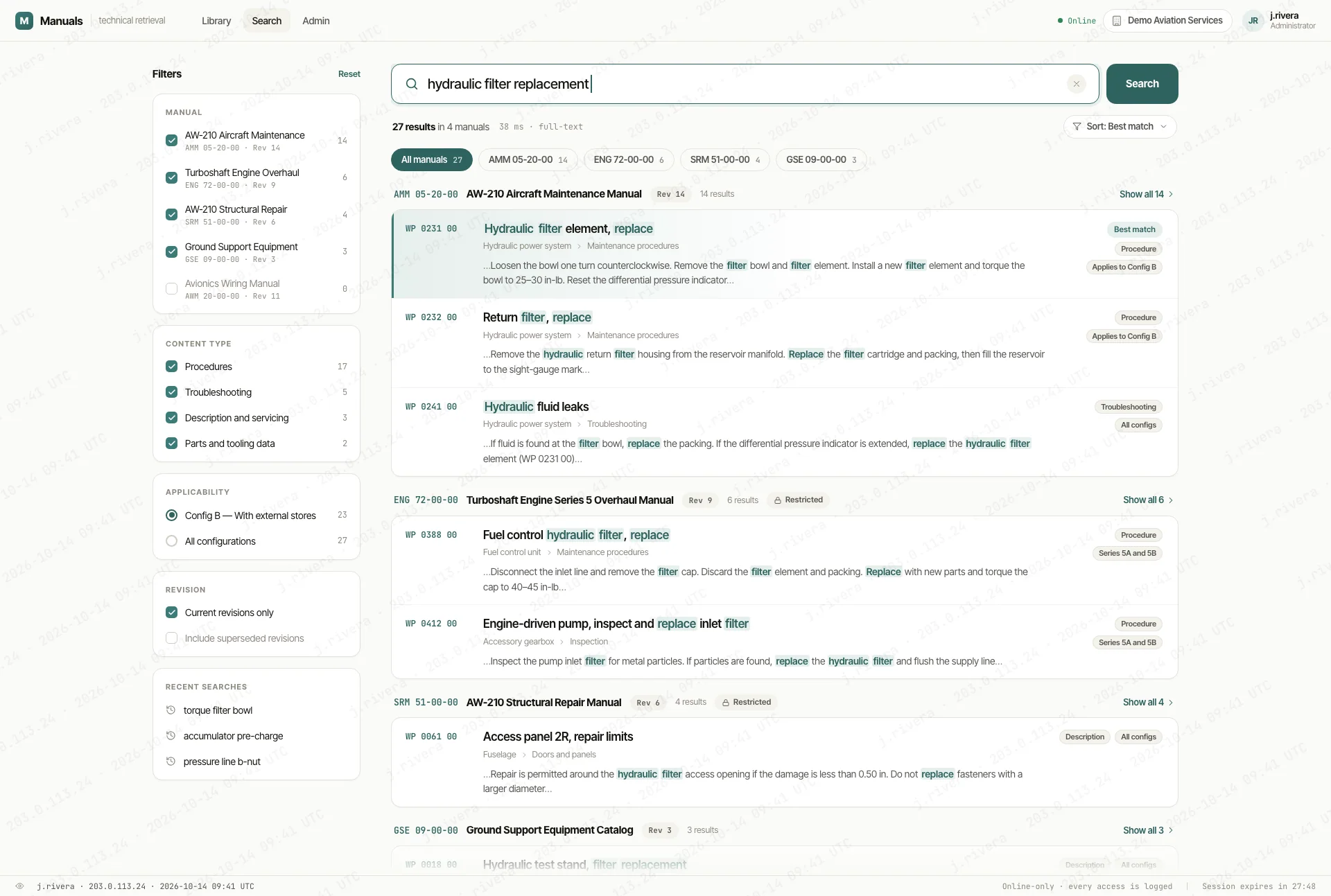Full-text search results grouped by manual with highlighted matches