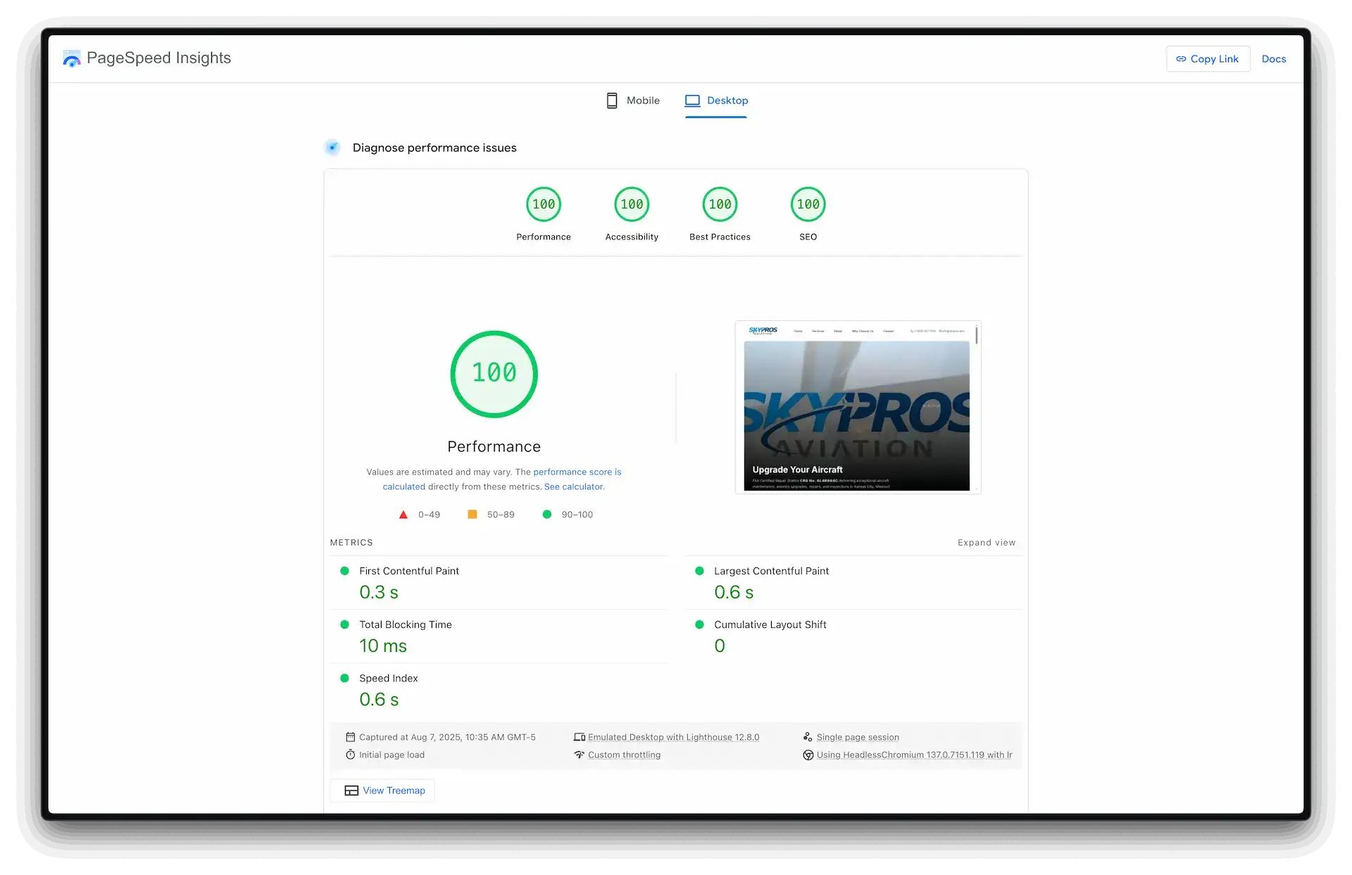 Puntuación perfecto de Google para SkyPros Aviation