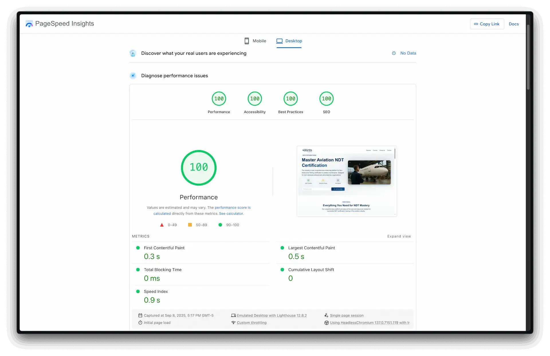Puntuación perfecto de Google para Volantis Academy en el lanzamiento