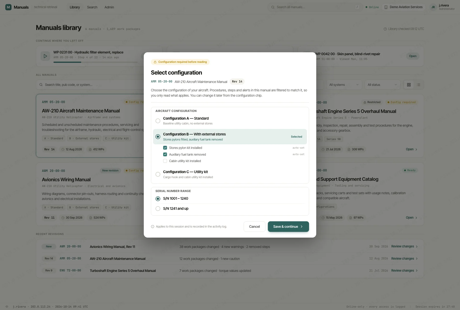 Catálogo de manuales y selección de la configuración de la aeronave