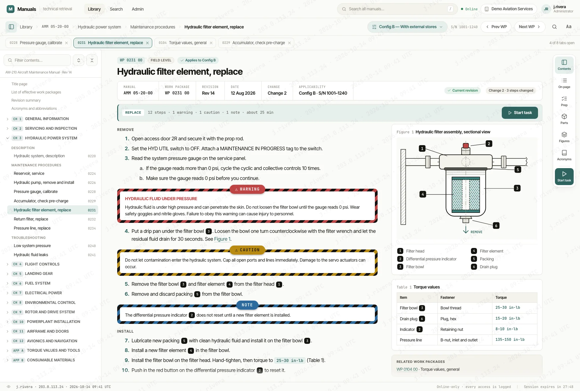 Screen of Aviation technical manuals platform